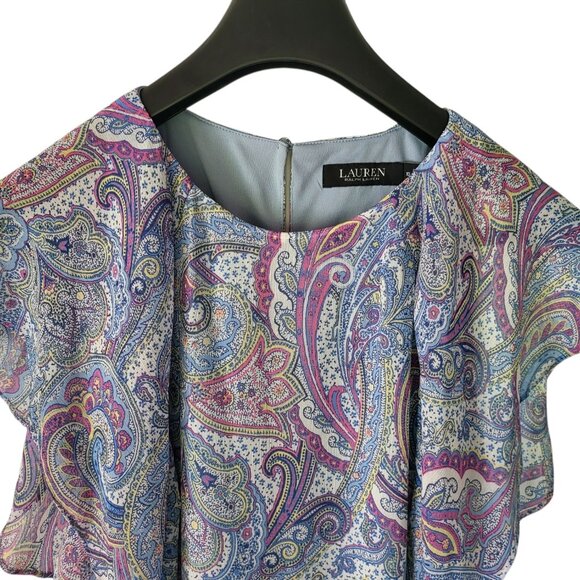 Ralph Lauren Paisley Print Black Label Ruffle Flutter Sleeve Dress Women 10 Blue - Picture 6 of 13